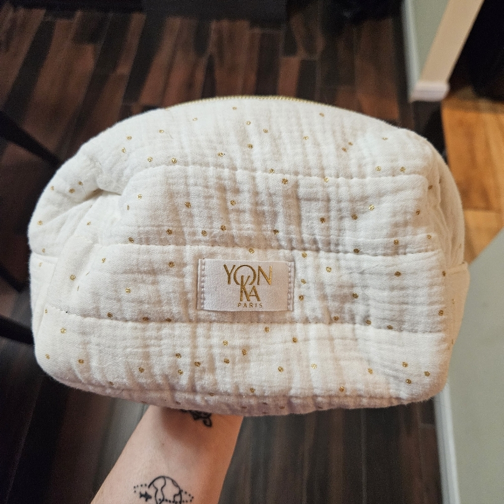 Paris Cream Cosmetic Bag with Gold Dot Accents